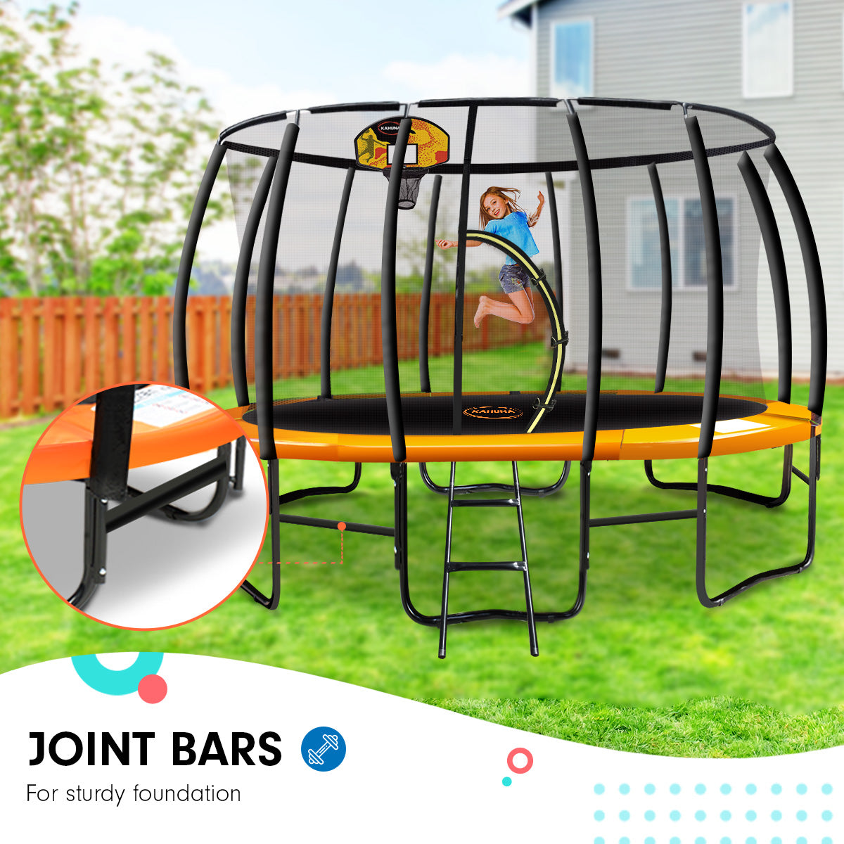Kahuna 12ft Outdoor Trampoline Kids Children With Safety Enclosure Pad Mat Ladder Basketball Hoop Set - Orange-Sports & Fitness > Trampolines > Trampolines & Accessories-PEROZ Accessories