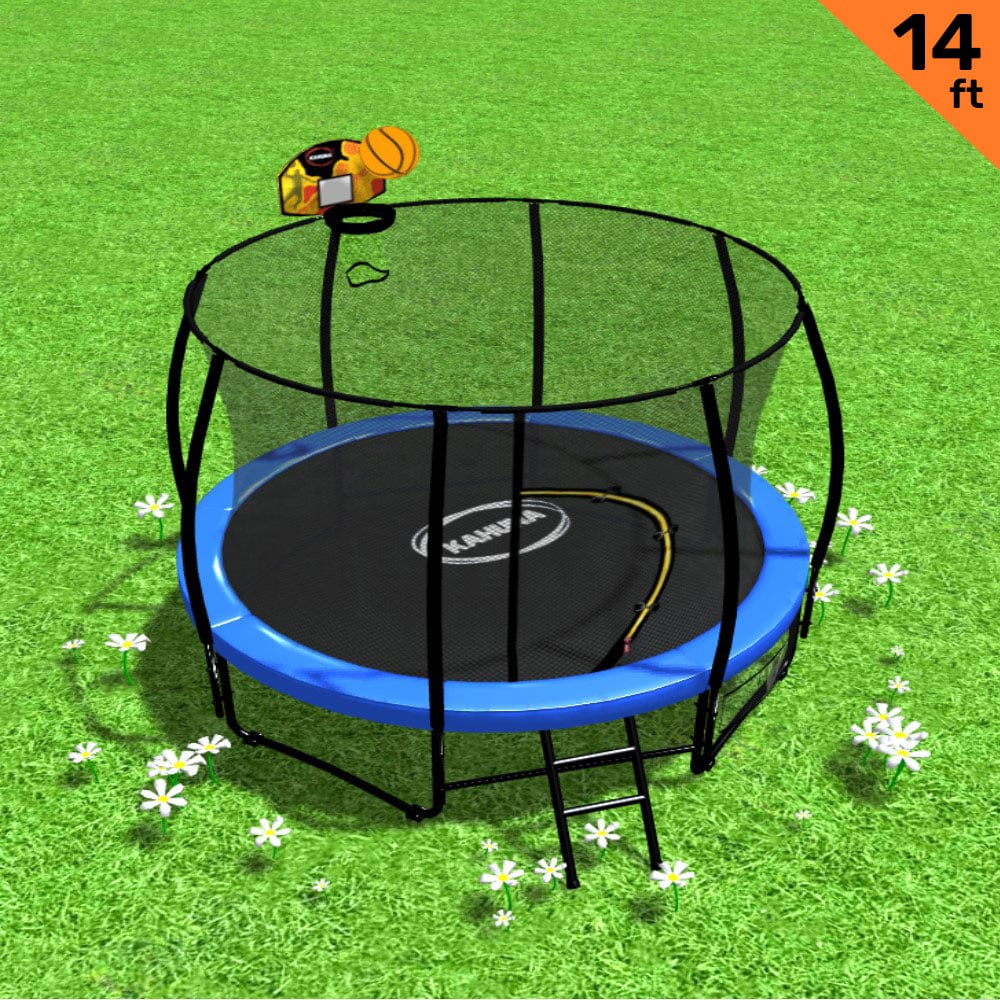 Kahuna 14ft Outdoor Trampoline Kids Children With Safety Enclosure Pad Mat Ladder Basketball Hoop Set - Blue-Sports & Fitness > Trampolines > Trampolines & Accessories-PEROZ Accessories