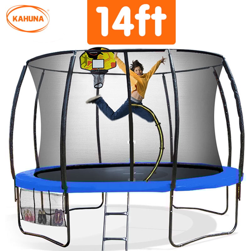 Kahuna 14ft Outdoor Trampoline Kids Children With Safety Enclosure Pad Mat Ladder Basketball Hoop Set - Blue-Sports & Fitness > Trampolines > Trampolines & Accessories-PEROZ Accessories