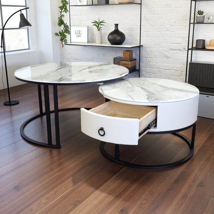 Snowy Mountain Faux Modern Marble Slate Nesting Coffee Table Set Leather Wrapped Wood Drawers-Furniture > Living Room > Coffee Tables-PEROZ Accessories