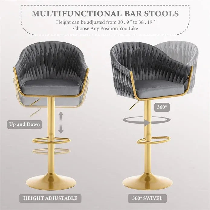 SERENITà GP1863 Modern Velvet Breakfast Bar Stools Swivel Barstools Adjustable Counter Stools with Backrest (Gold-Grey)-Furniture > Bar Stools & Chairs > Table & Bar Stools-PEROZ Accessories