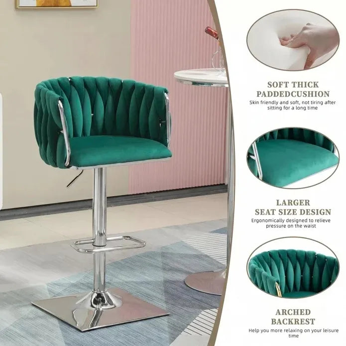 SERENITà Modern Velvet Breakfast Bar Stools Swivel Barstools Adjustable Counter Stools with Backrest (Silver-Emarald Green)