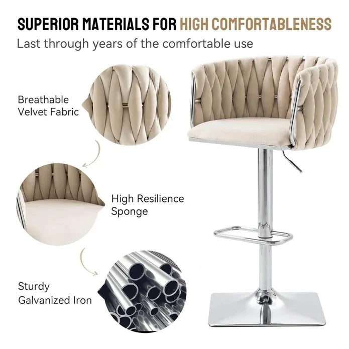 SERENITà Modern Velvet Breakfast Bar Stools Swivel Barstools Adjustable Counter Stools with Backrest (Silver-Ivory)