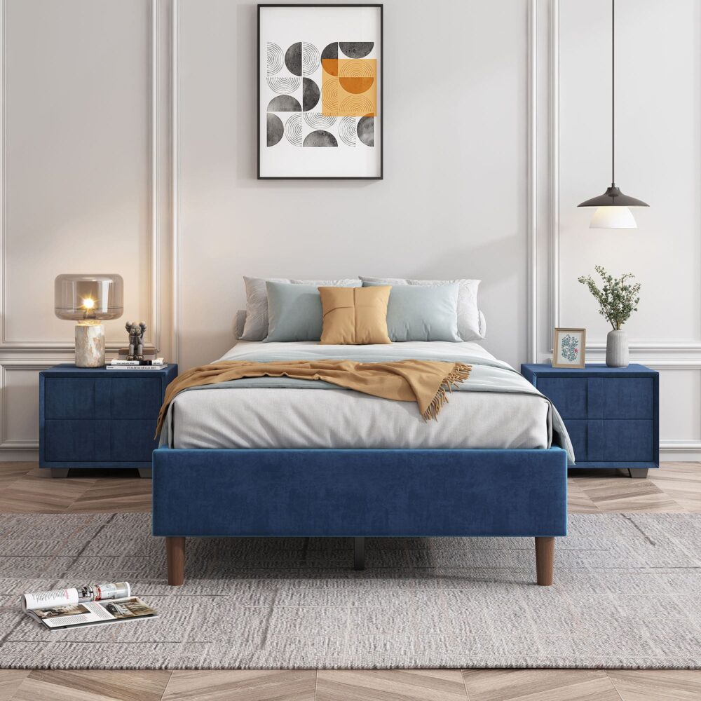 Velvet Blue Bed Frame – Queen-Furniture > Bedroom > Beds & Bed Frames-PEROZ Accessories