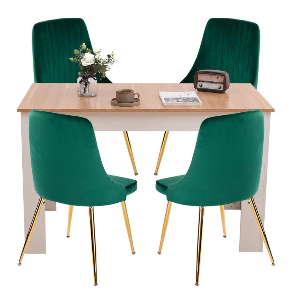 Grey Rectangular Dining Table with 4x Green Velvet Chairs-Furniture > Dining > Dining Set-PEROZ Accessories