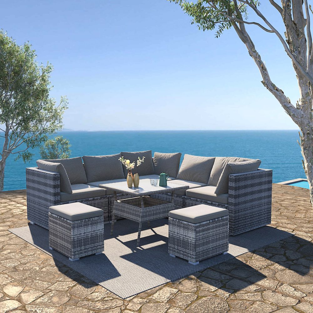 8PC Outdoor Dining Set Wicker Table & Chairs-Grey-Furniture > Outdoor > Outdoor Dining Sets-PEROZ Accessories