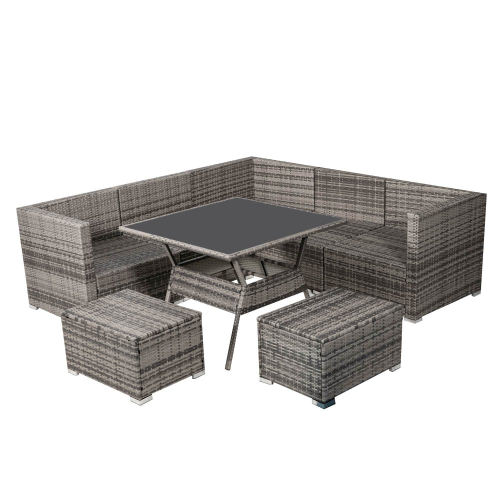 8PC Outdoor Dining Set Wicker Table & Chairs-Grey-Furniture > Outdoor > Outdoor Dining Sets-PEROZ Accessories