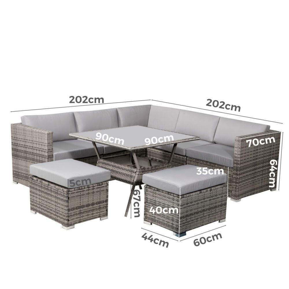 8PC Outdoor Dining Set Wicker Table & Chairs-Grey-Furniture > Outdoor > Outdoor Dining Sets-PEROZ Accessories