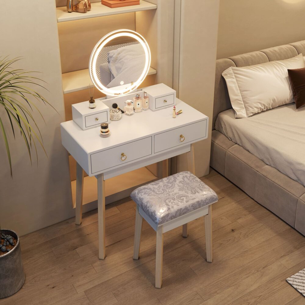Dressing Vanity Table Stool Set with Make-up LED Lighted Mirror-White-Furniture > Bedroom > Dressing Vanity & Dressing Tables-PEROZ Accessories