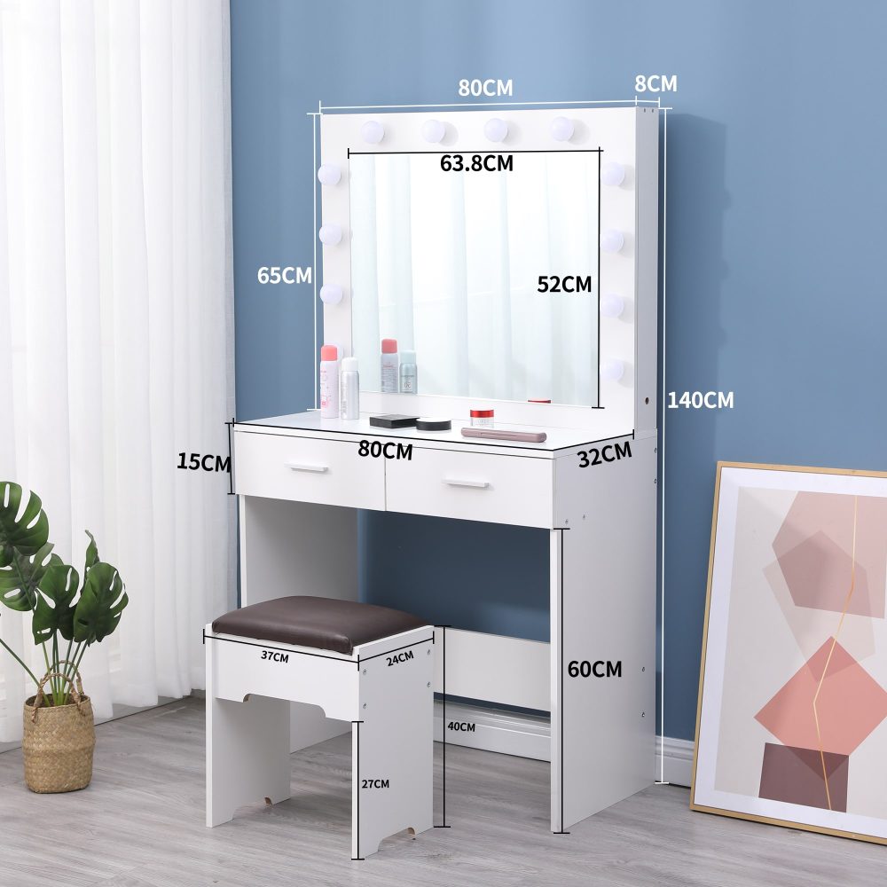 Fidel Vanity Set with Cushioned Stool and Lighted Mirror- White-Dressing Tables-PEROZ Accessories