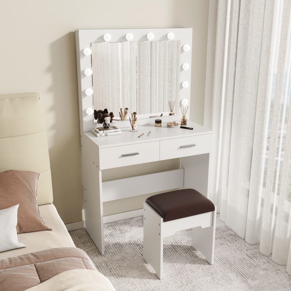 Fidel Vanity Set with Cushioned Stool and Lighted Mirror- White-Dressing Tables-PEROZ Accessories