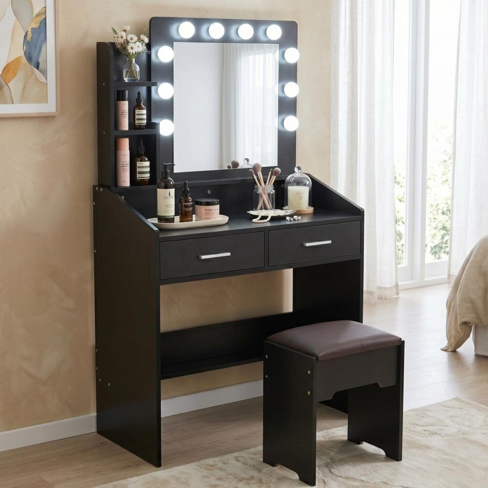 Diana Vanity Set with Shelves Cushioned Stool and Lighted Mirror- Black-Furniture > Bedroom-PEROZ Accessories