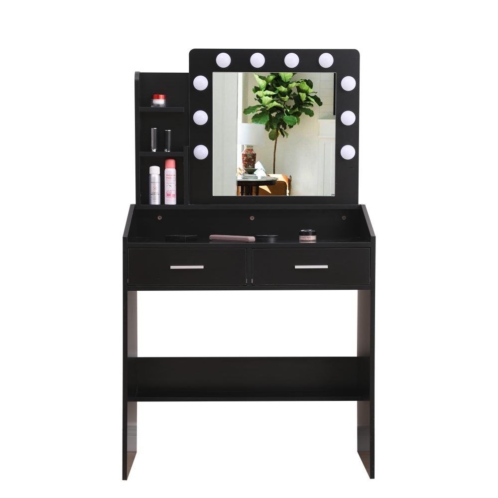 Diana Vanity Set with Shelves Cushioned Stool and Lighted Mirror- Black-Furniture > Bedroom-PEROZ Accessories