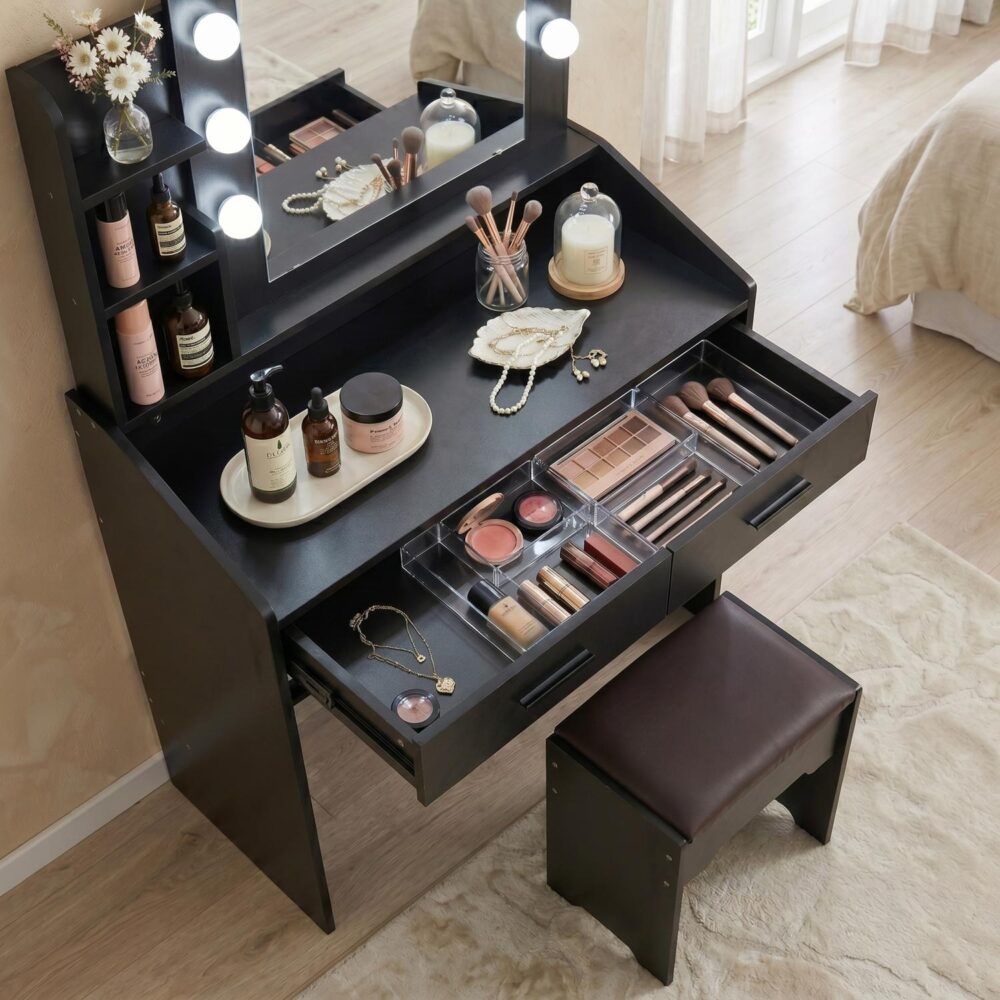 Diana Vanity Set with Shelves Cushioned Stool and Lighted Mirror- Black-Furniture > Bedroom-PEROZ Accessories