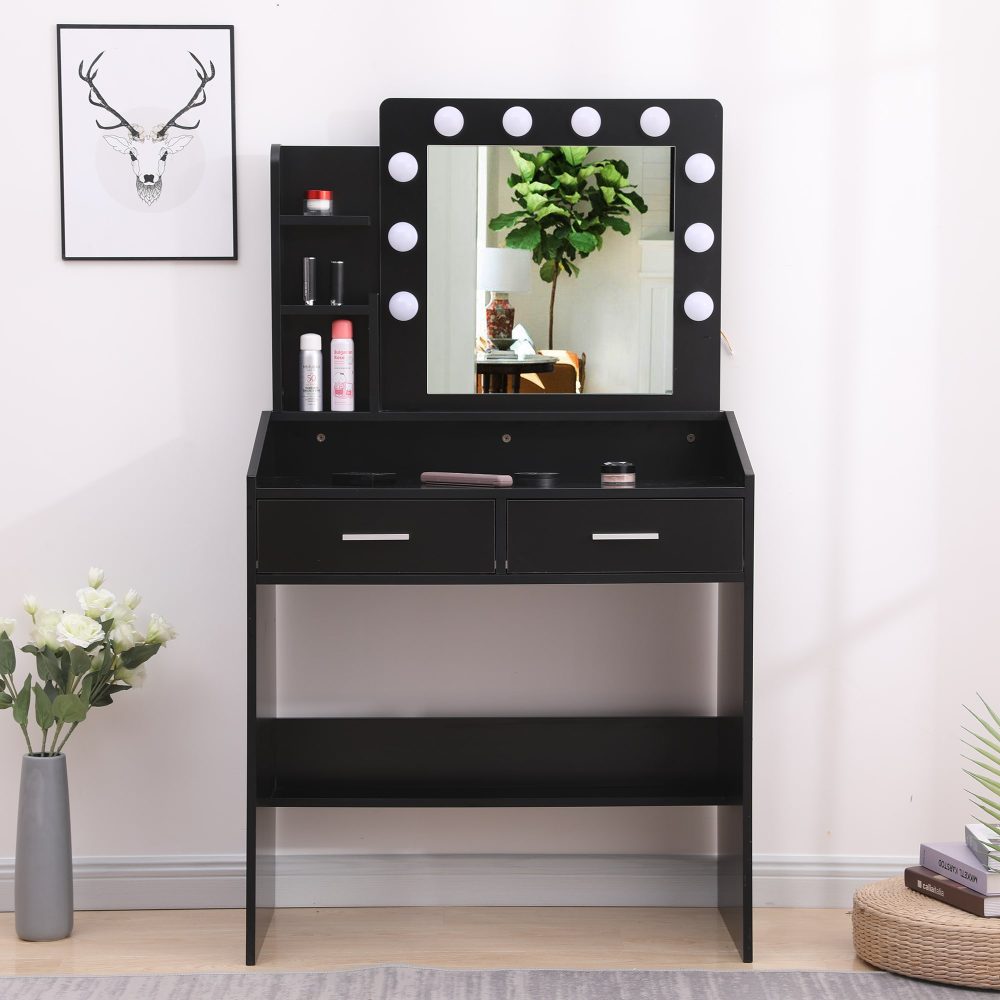 Diana Vanity Set with Shelves Cushioned Stool and Lighted Mirror- Black-Furniture > Bedroom-PEROZ Accessories