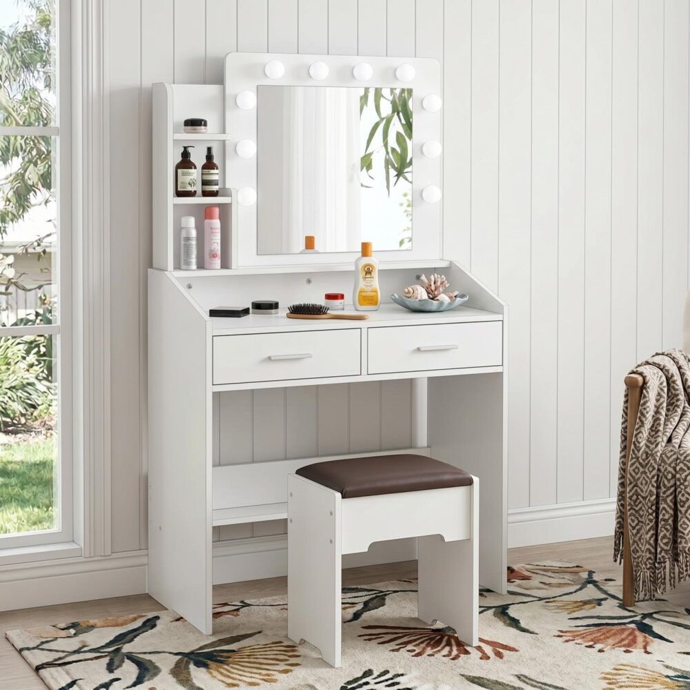 Diana Vanity Set with Shelves Cushioned Stool and Lighted Mirror- White-Furniture > Bedroom > Dressing Vanity & Dressing Tables-PEROZ Accessories