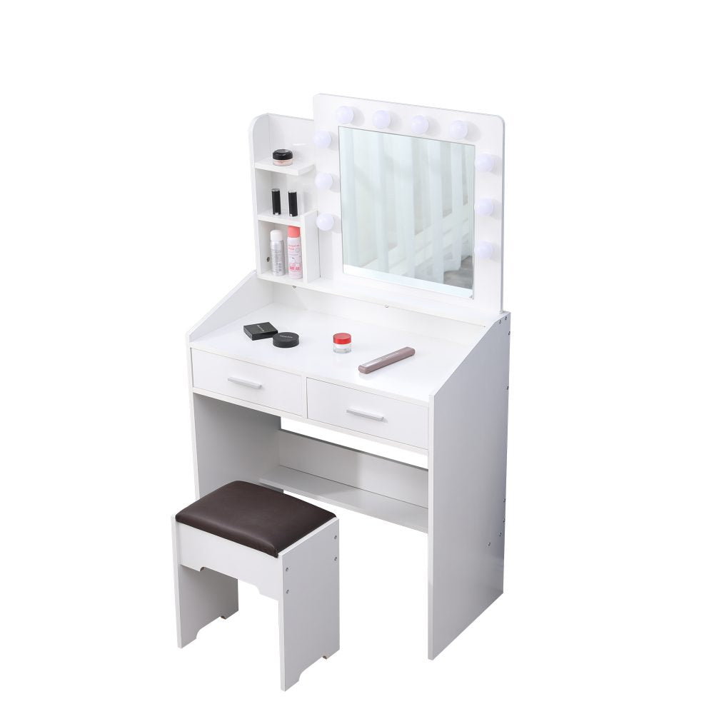 Diana Vanity Set with Shelves Cushioned Stool and Lighted Mirror- White-Furniture > Bedroom > Dressing Vanity & Dressing Tables-PEROZ Accessories