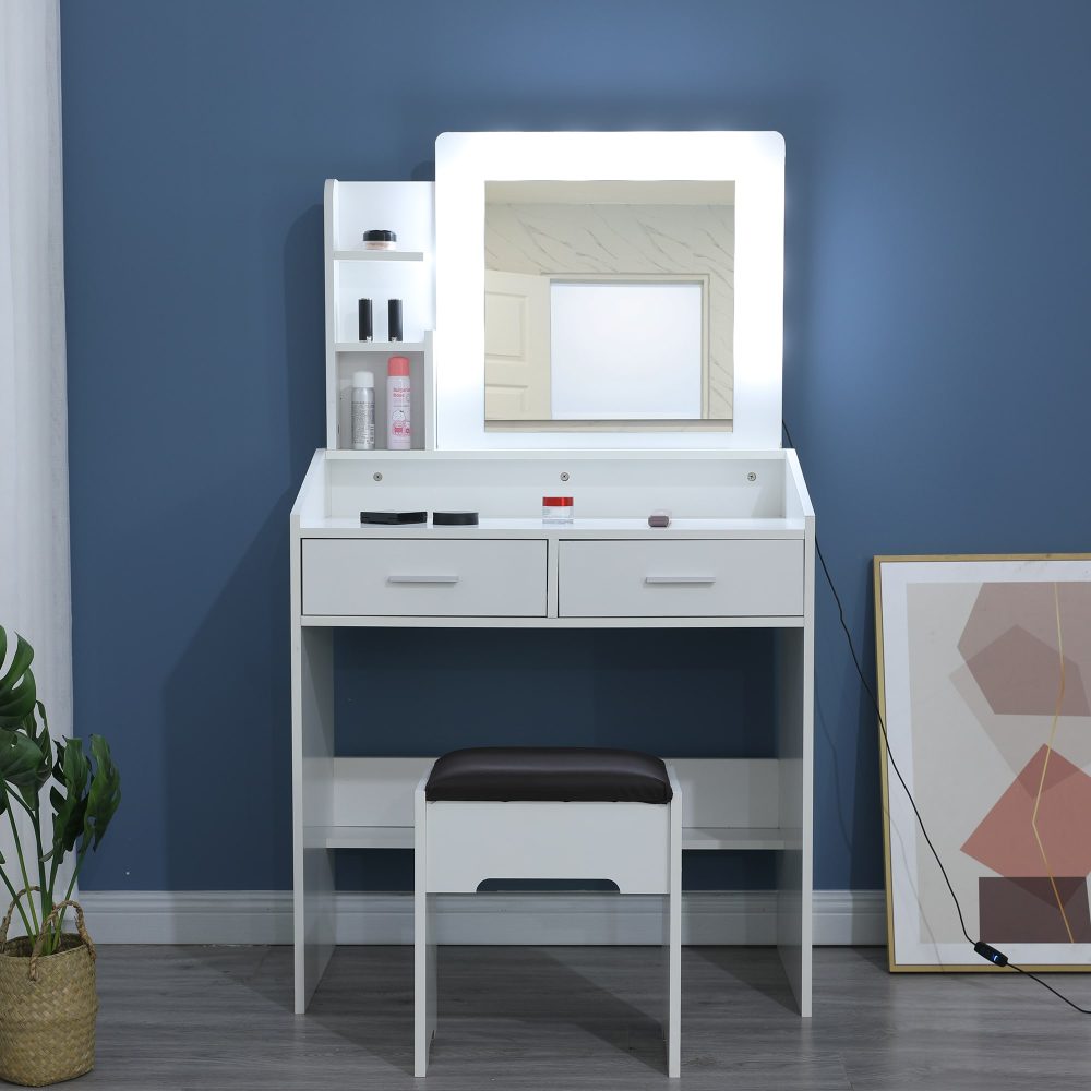 Diana Vanity Set with Shelves Cushioned Stool and Lighted Mirror- White-Furniture > Bedroom > Dressing Vanity & Dressing Tables-PEROZ Accessories
