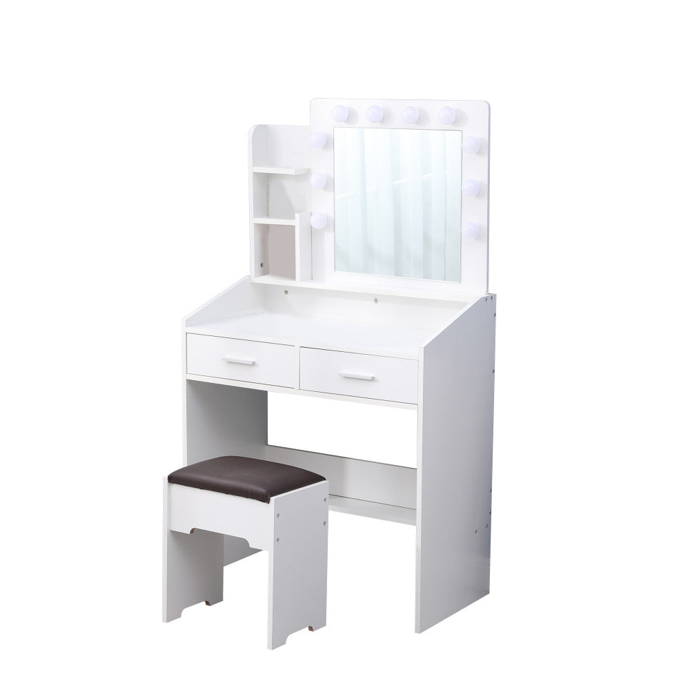 Diana Vanity Set with Shelves Cushioned Stool and Lighted Mirror- White-Furniture > Bedroom > Dressing Vanity & Dressing Tables-PEROZ Accessories