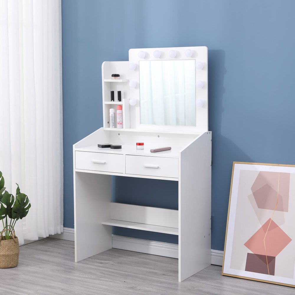 Diana Vanity Set with Shelves Cushioned Stool and Lighted Mirror- White-Furniture > Bedroom > Dressing Vanity & Dressing Tables-PEROZ Accessories
