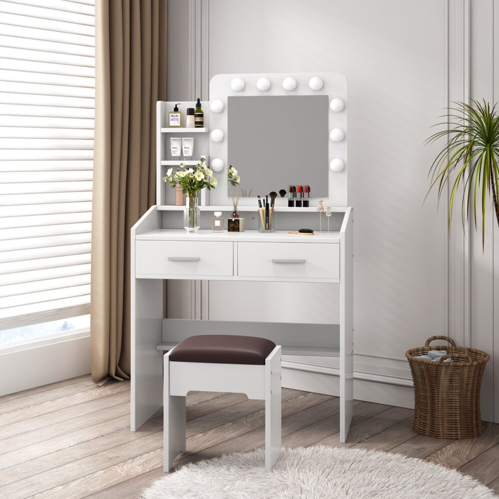 Diana Vanity Set with Shelves Cushioned Stool and Lighted Mirror- White-Furniture > Bedroom > Dressing Vanity & Dressing Tables-PEROZ Accessories