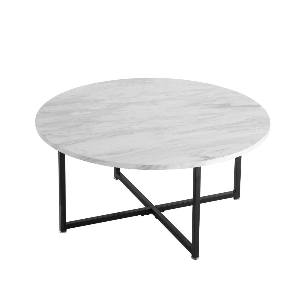 White Marble Effect Round Coffee Table with Black Legs-Furniture > Living Room > Coffee Tables-PEROZ Accessories