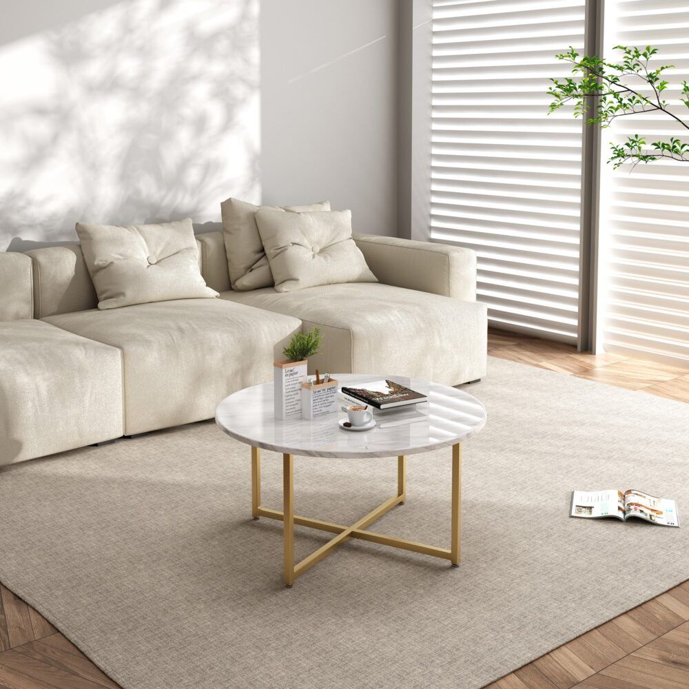 White Marble Effect Round Coffee Table with Gold Legs-Furniture > Living Room > Coffee Tables-PEROZ Accessories