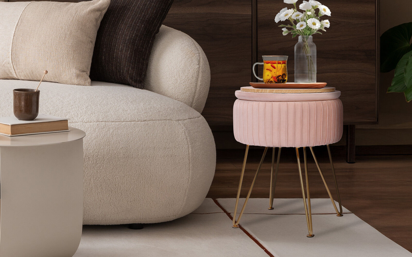 Side Table Storage Ottoman - Velvet Padded Stool Vanity Footstool REMY PINK-Furniture > Living Room > Ottomans & Footstools-PEROZ Accessories