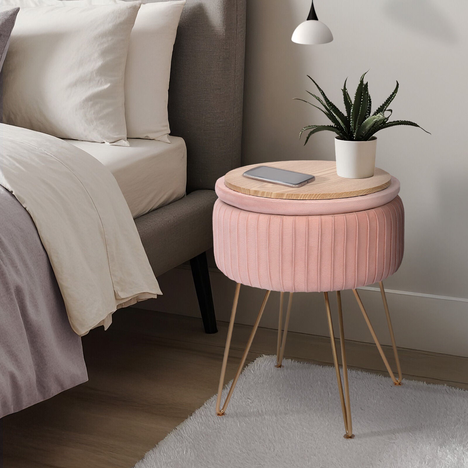 Side Table Storage Ottoman - Velvet Padded Stool Vanity Footstool REMY PINK-Furniture > Living Room > Ottomans & Footstools-PEROZ Accessories