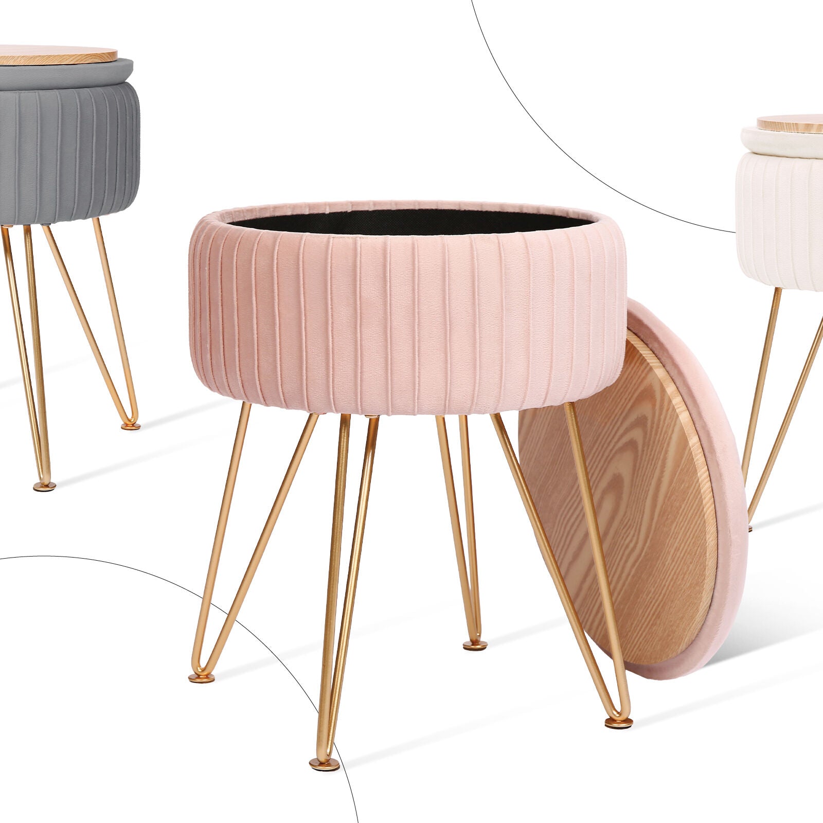 Side Table Storage Ottoman - Velvet Padded Stool Vanity Footstool REMY PINK-Furniture > Living Room > Ottomans & Footstools-PEROZ Accessories