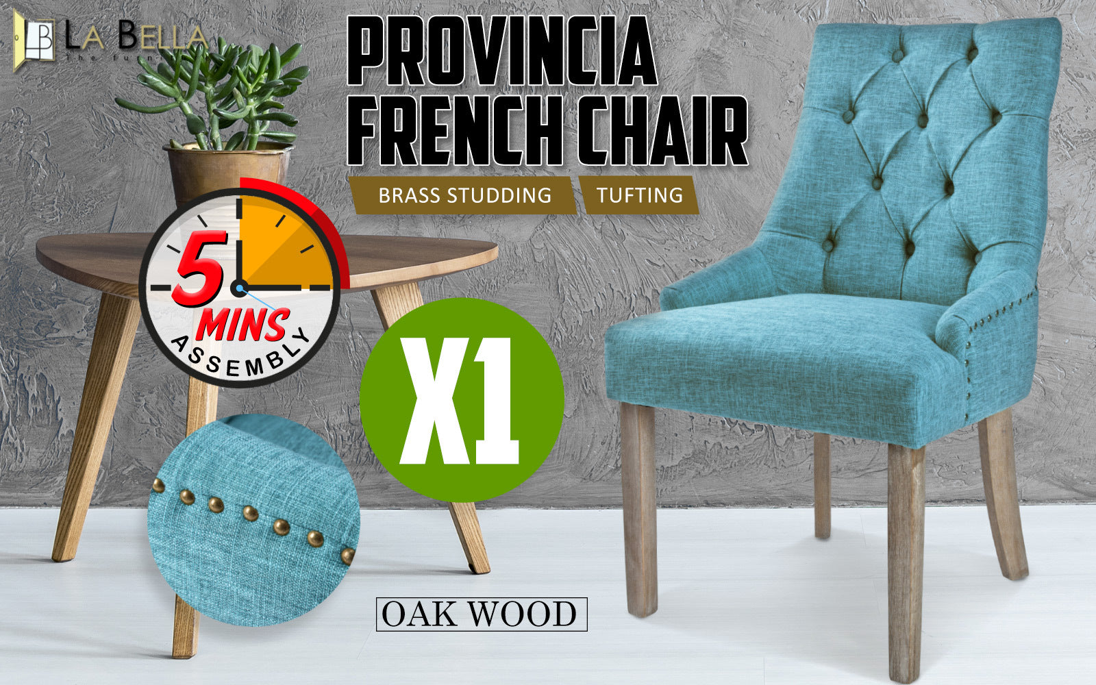 French Provincial Dining Chair Oak Leg AMOUR BLUE-Furniture > Dining > Kitchen & Dining Chairs-PEROZ Accessories