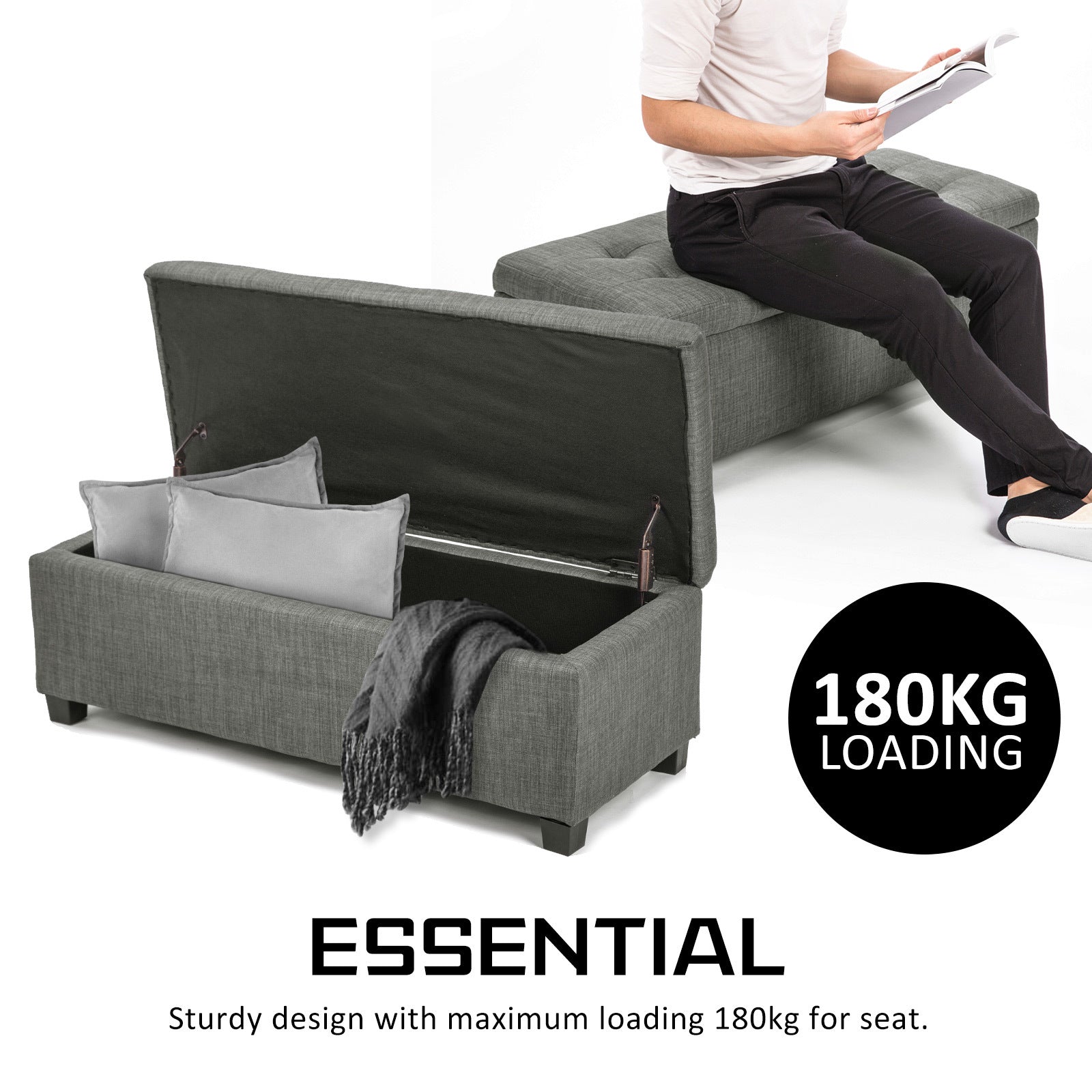 Storage Ottoman Stool 102cm Fabric DARK GREY-Ottomans-PEROZ Accessories