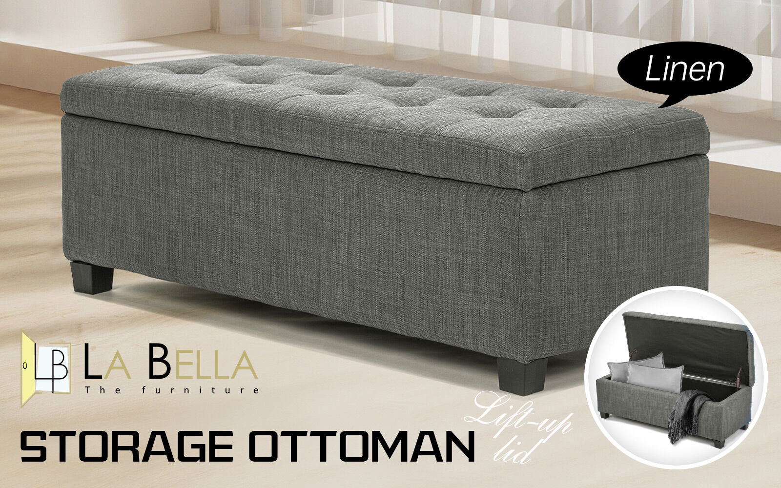 Storage Ottoman Stool 102cm Fabric DARK GREY-Ottomans-PEROZ Accessories