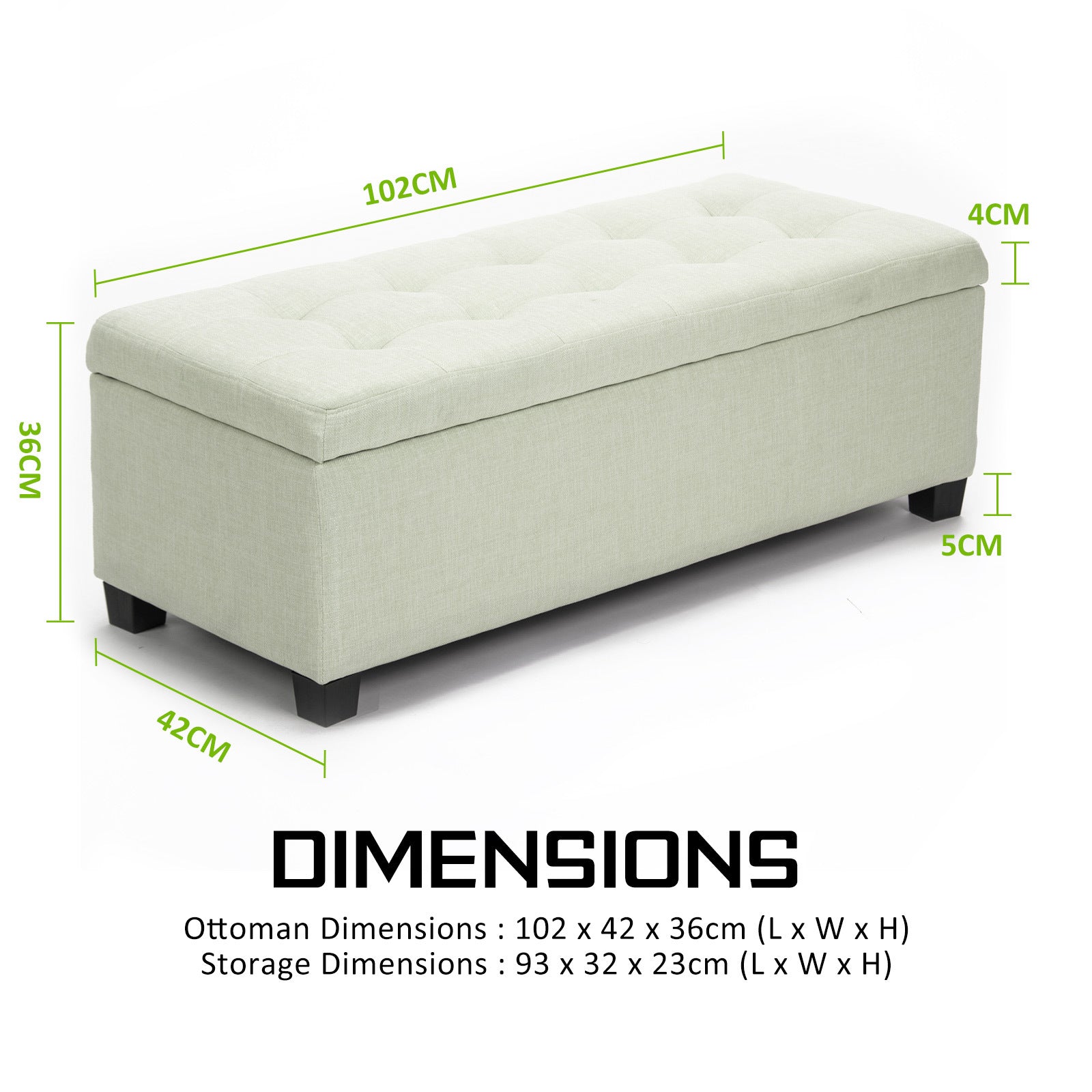 Storage Ottoman Stool 102cm Fabric LIGHT GREEN-Ottomans-PEROZ Accessories