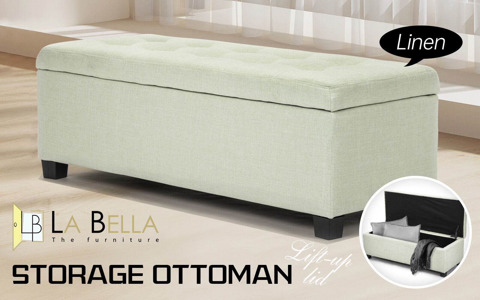 Storage Ottoman Stool 102cm Fabric LIGHT GREEN-Ottomans-PEROZ Accessories