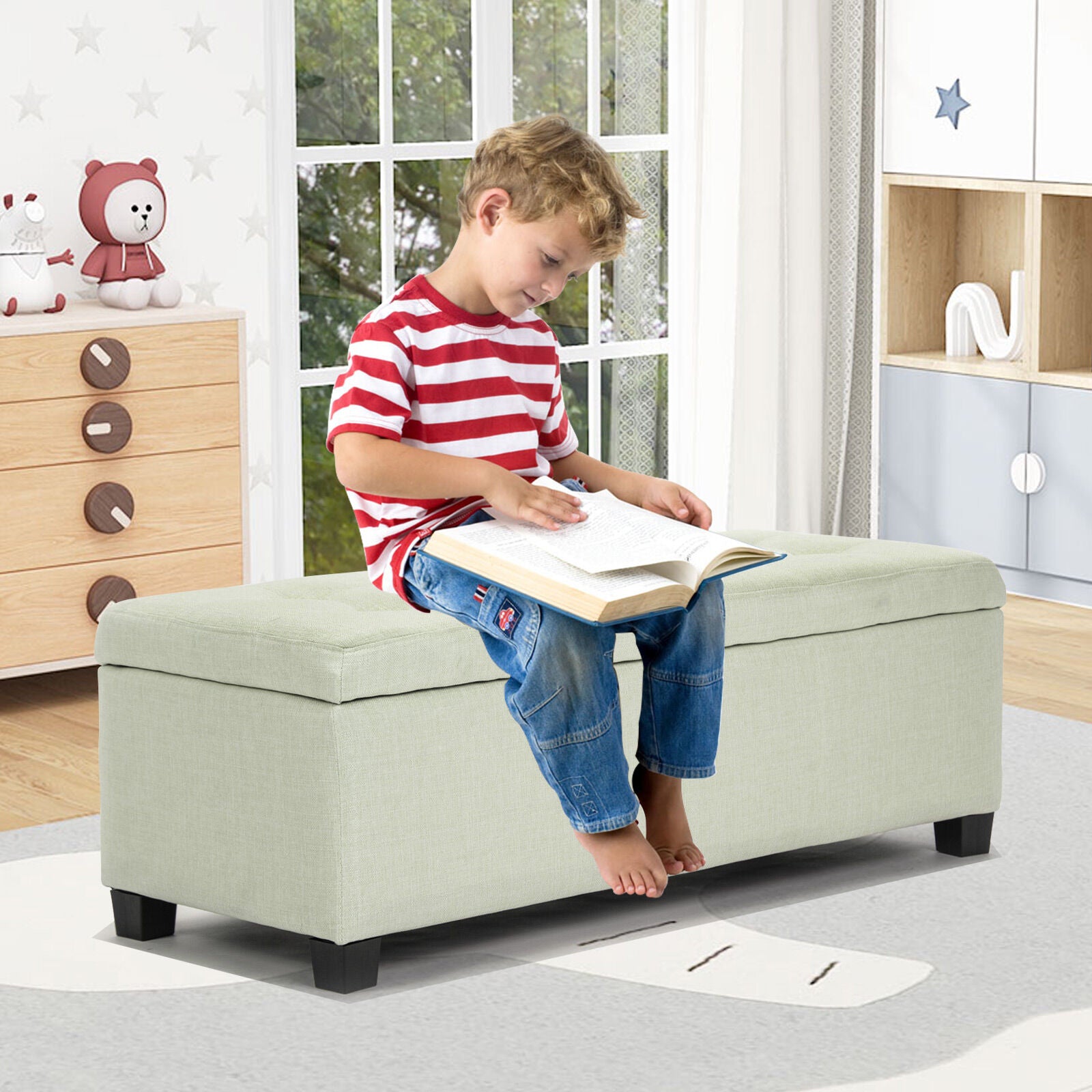 Storage Ottoman Stool 102cm Fabric LIGHT GREEN-Ottomans-PEROZ Accessories
