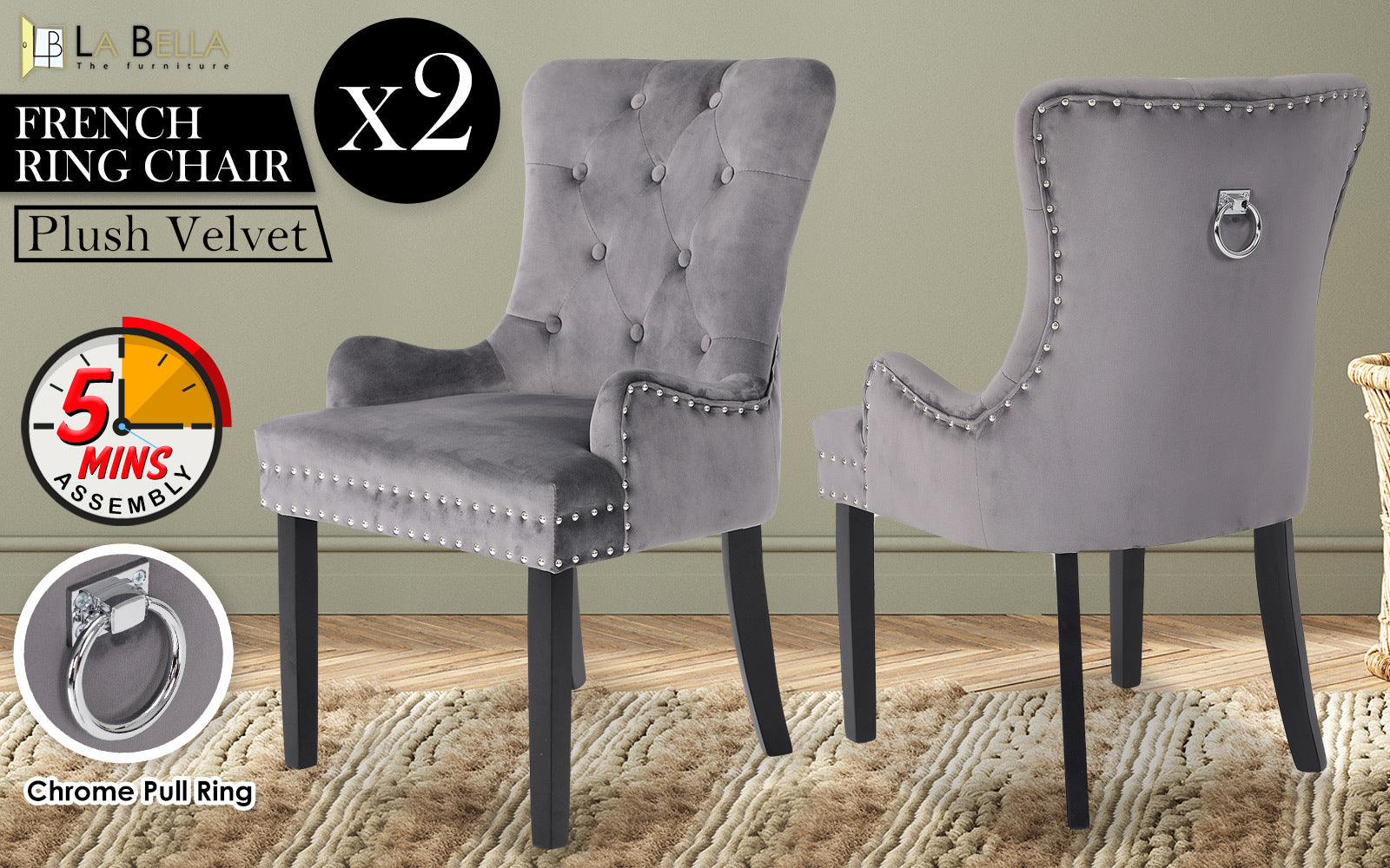 2X French Provincial Dining Chair Ring Studded Velvet Rubberwood Leg LISSE GREY-Furniture > Bedroom > Bedside Tables-PEROZ Accessories