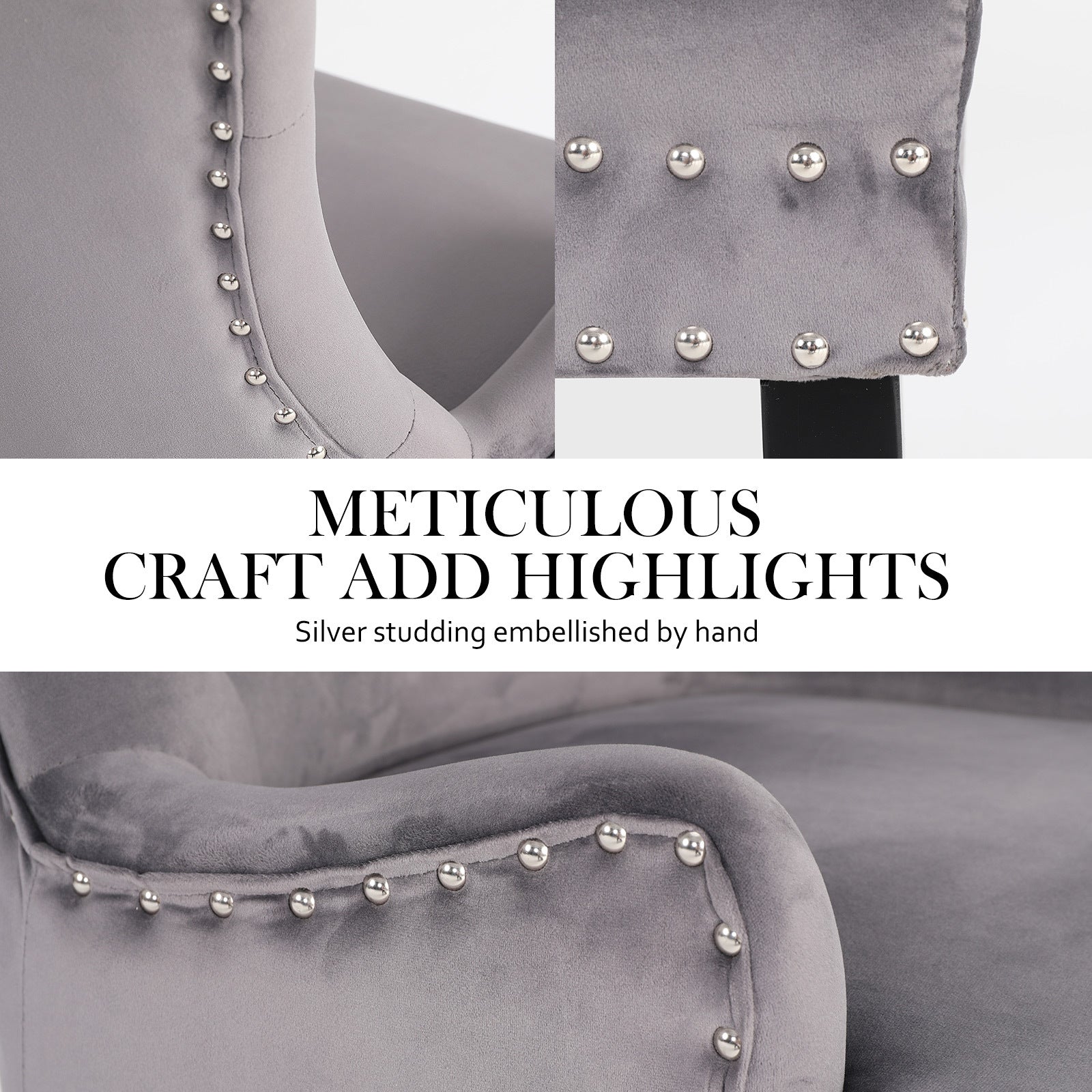 2X French Provincial Dining Chair Ring Studded Velvet Rubberwood Leg LISSE GREY-Furniture > Bedroom > Bedside Tables-PEROZ Accessories