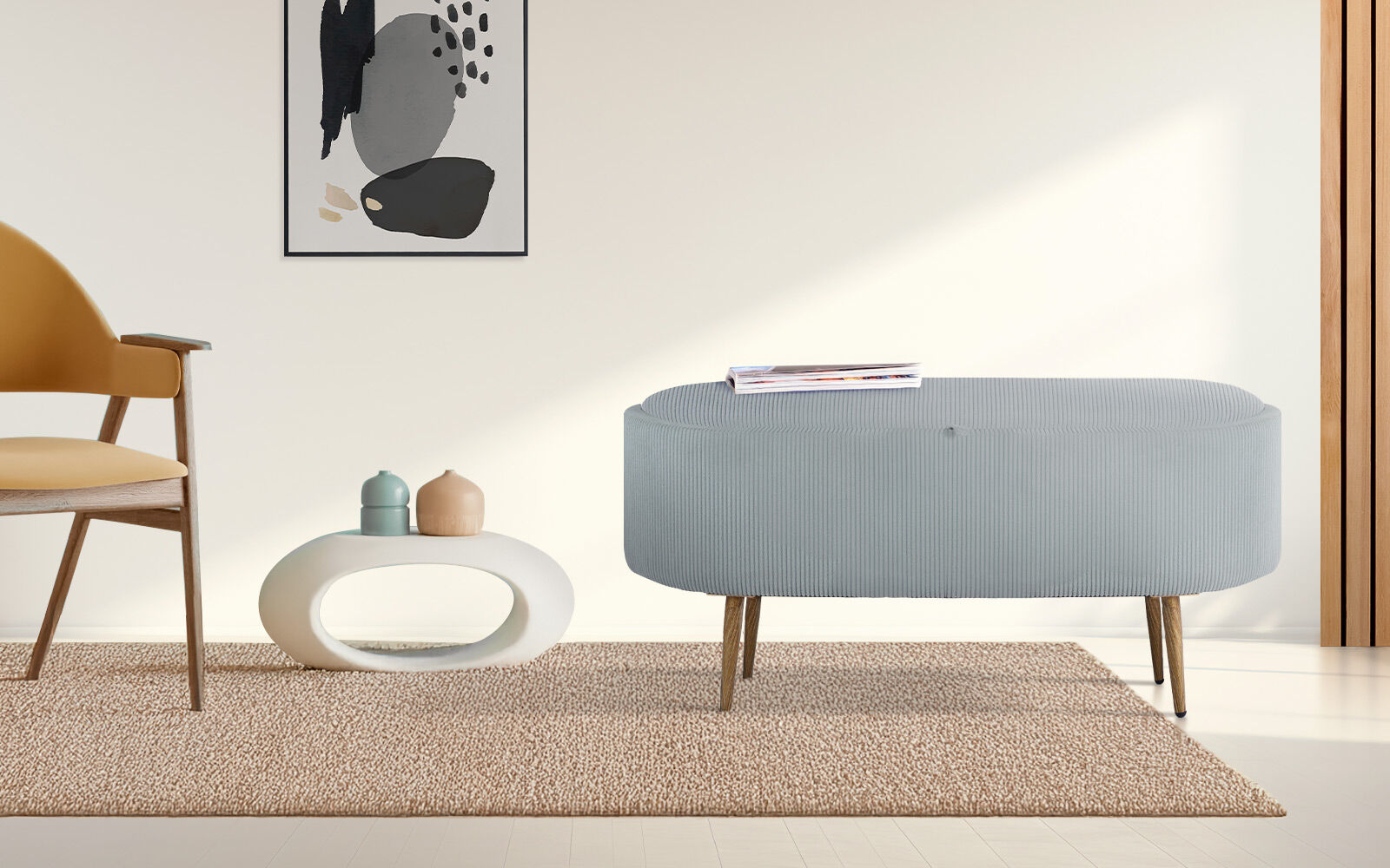 Coffee Table Storage Ottoman - Corduroy Padded Blanket Box Bench ESME - DUSTY BLUE-Furniture > Living Room > Ottomans & Footstools-PEROZ Accessories
