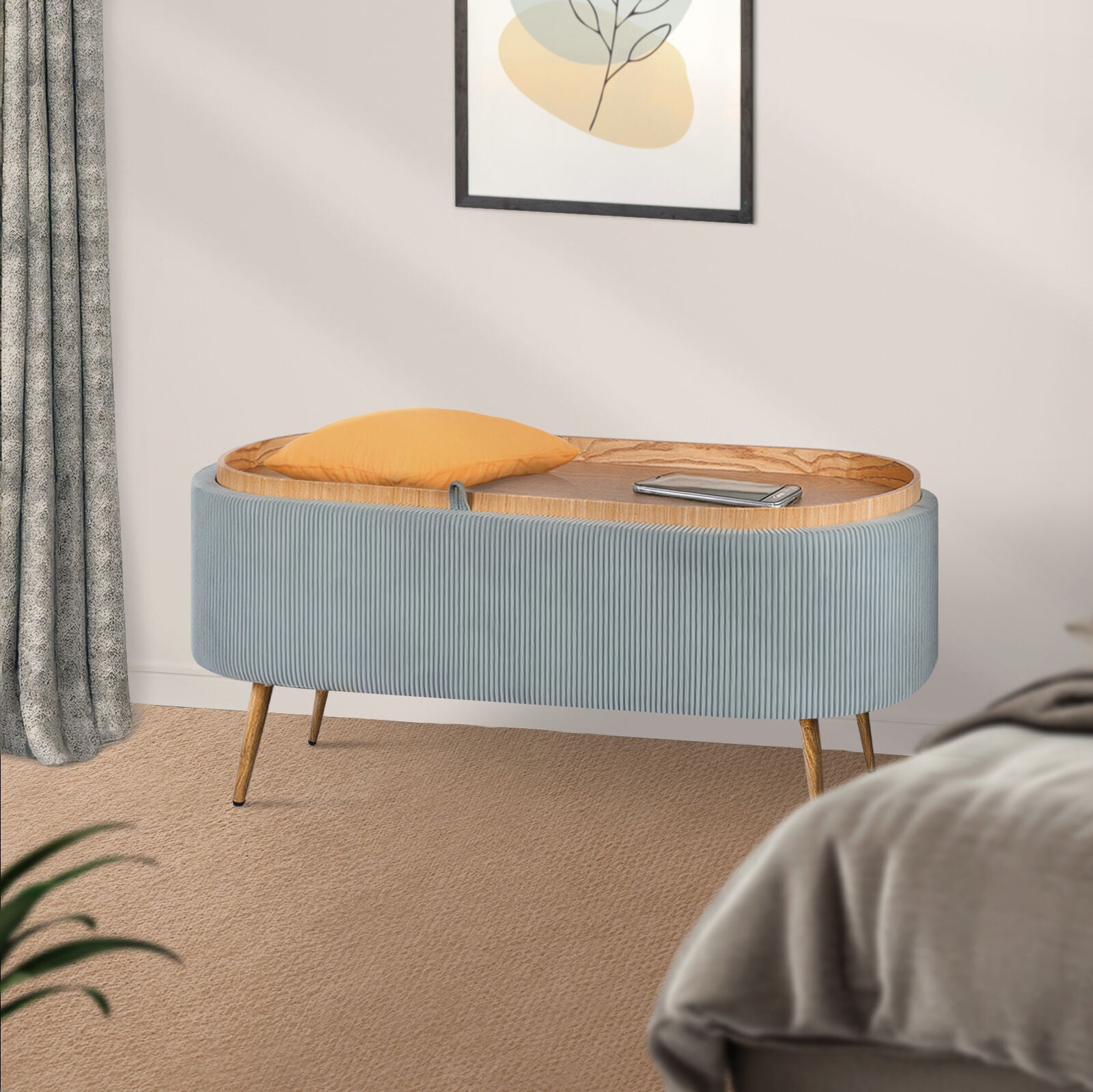 Coffee Table Storage Ottoman - Corduroy Padded Blanket Box Bench ESME - DUSTY BLUE-Furniture > Living Room > Ottomans & Footstools-PEROZ Accessories