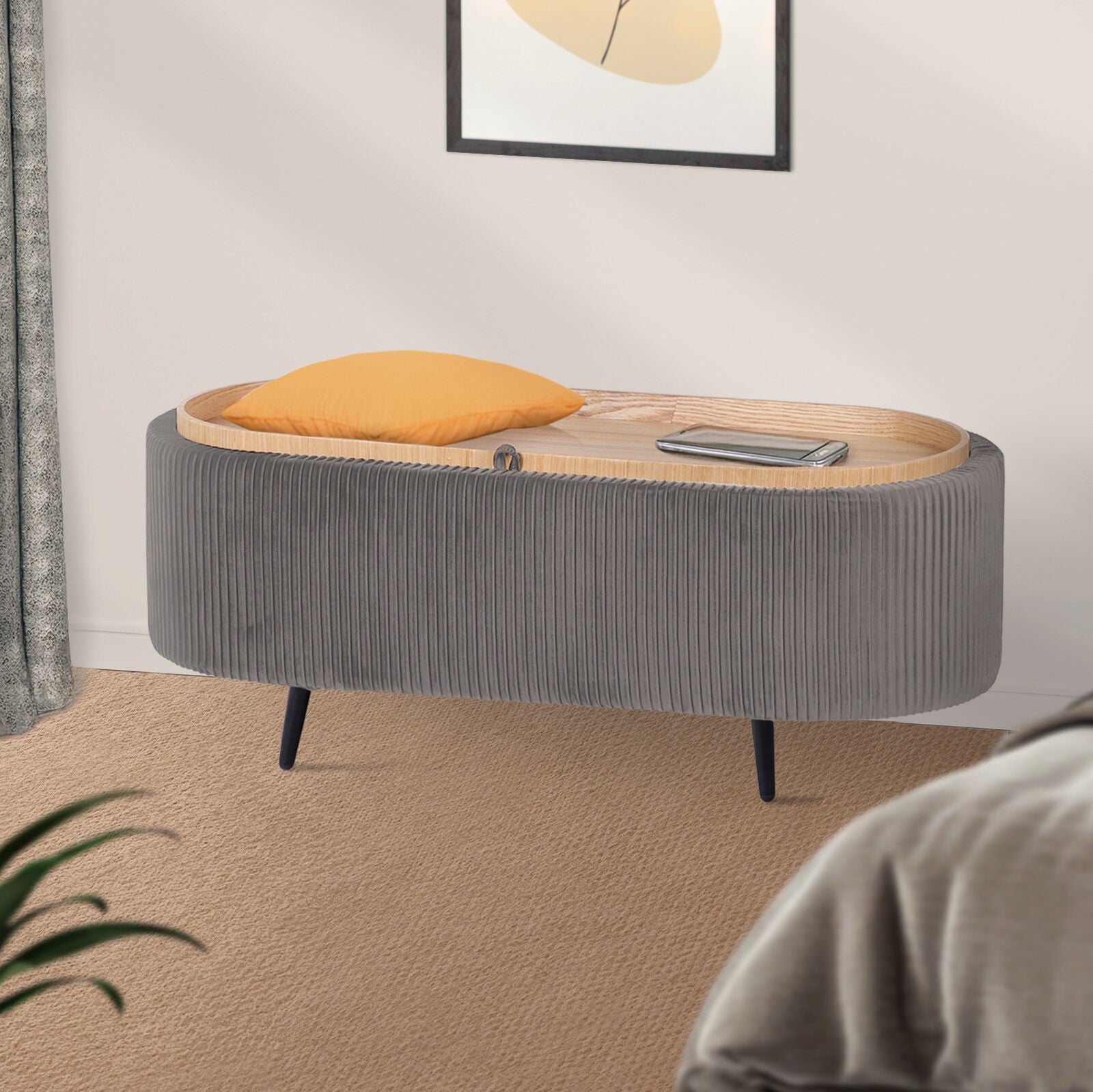 Coffee Table Storage Ottoman - Velvet Padded Blanket Box Bench IRENE GREY-Furniture > Living Room > Ottomans & Footstools-PEROZ Accessories