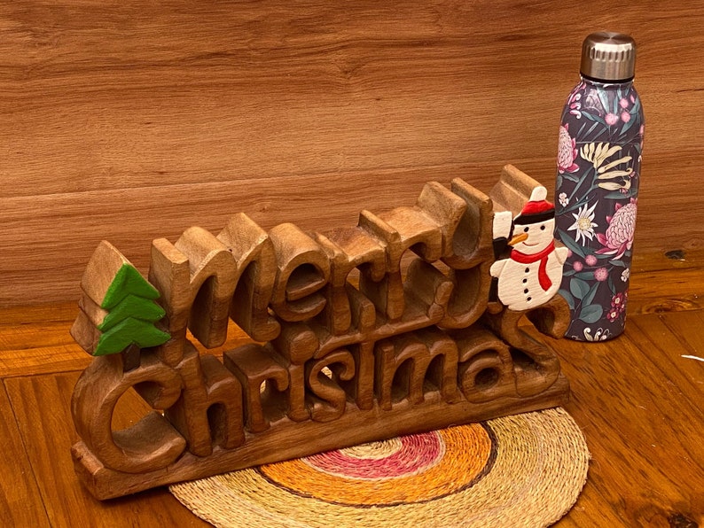 Wooden carved Merry Christmas decoration 38 cm long with Tree and Star-Occasions > Christmas > Christmas Decorations-PEROZ Accessories