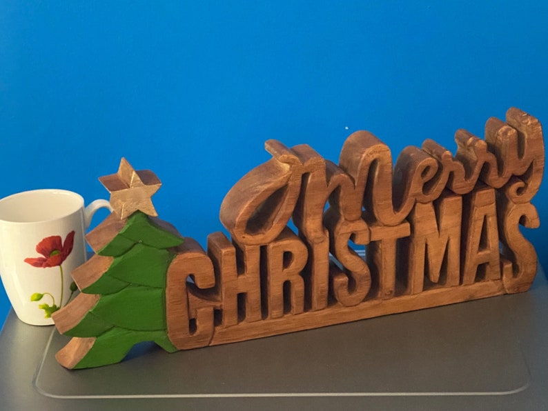 Wooden carved Merry Christmas decoration 38 cm long with Tree and Star-Occasions > Christmas > Christmas Decorations-PEROZ Accessories