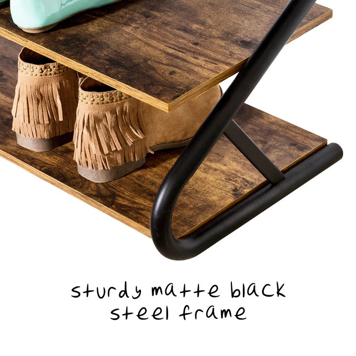 Matte Black Frame Rustic Wood 3-Tier Medium Shoe Rack Shelf Stand Storage Organizer-Furniture > Living Room > Shoe Storage-PEROZ Accessories