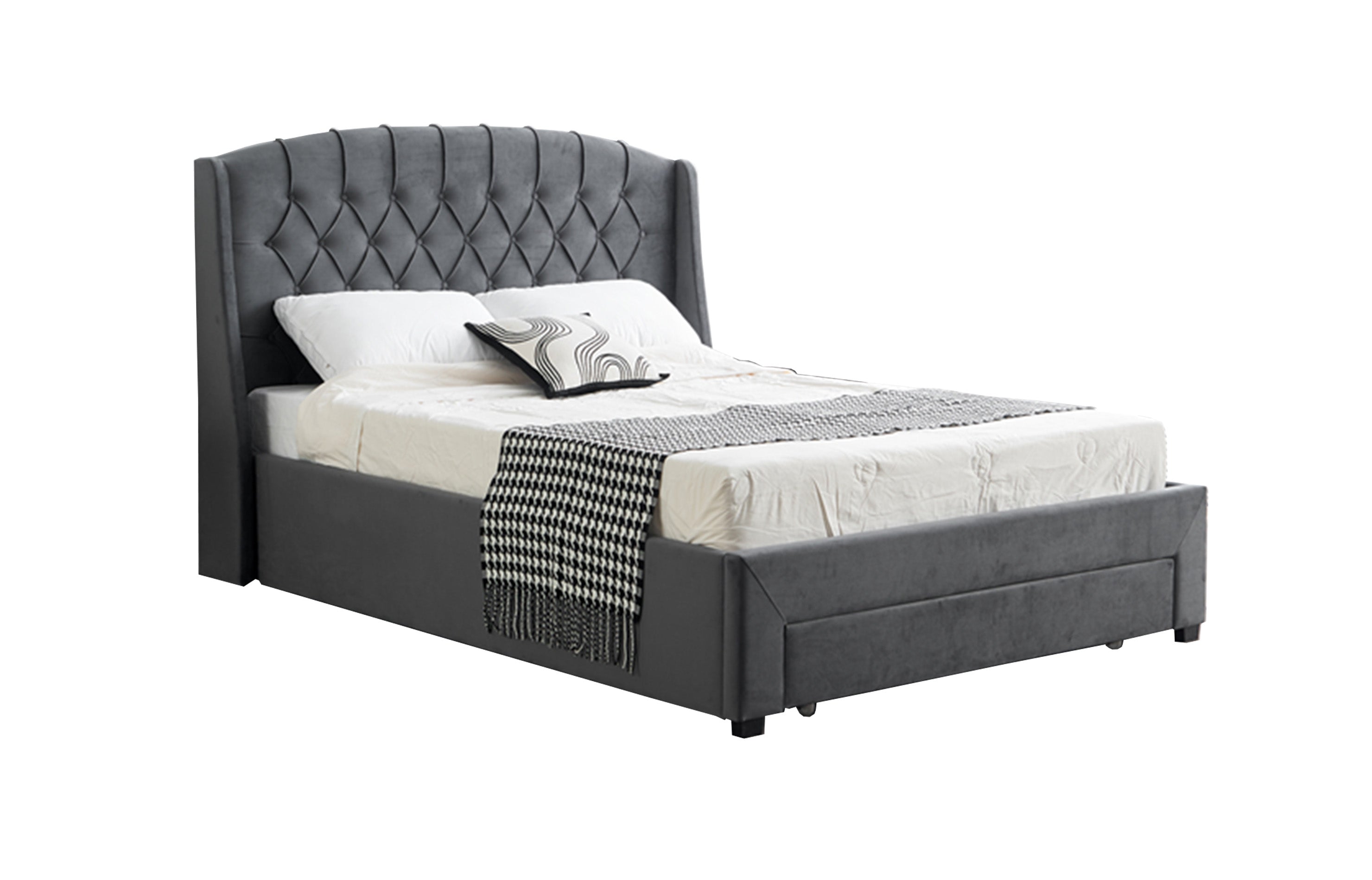 Paris Tall Tufted Velvet Dark Grey Bed with Storage Drawer - Queen-Furniture > Bedroom > Beds & Bed Frames-PEROZ Accessories