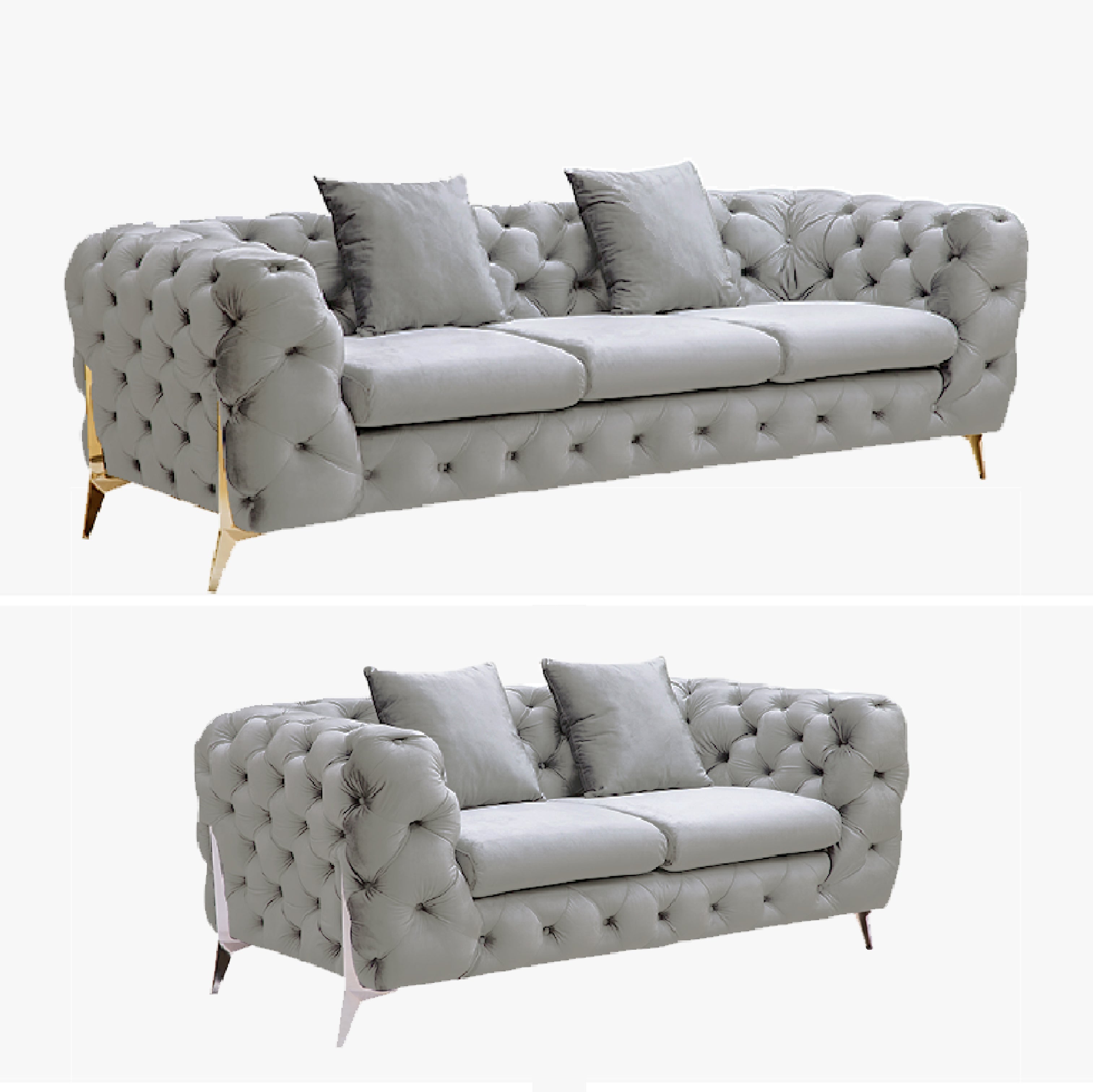 Grand Tufted Lounge - Light Grey Velvet - Silver Legs-Furniture > Sofas-PEROZ Accessories