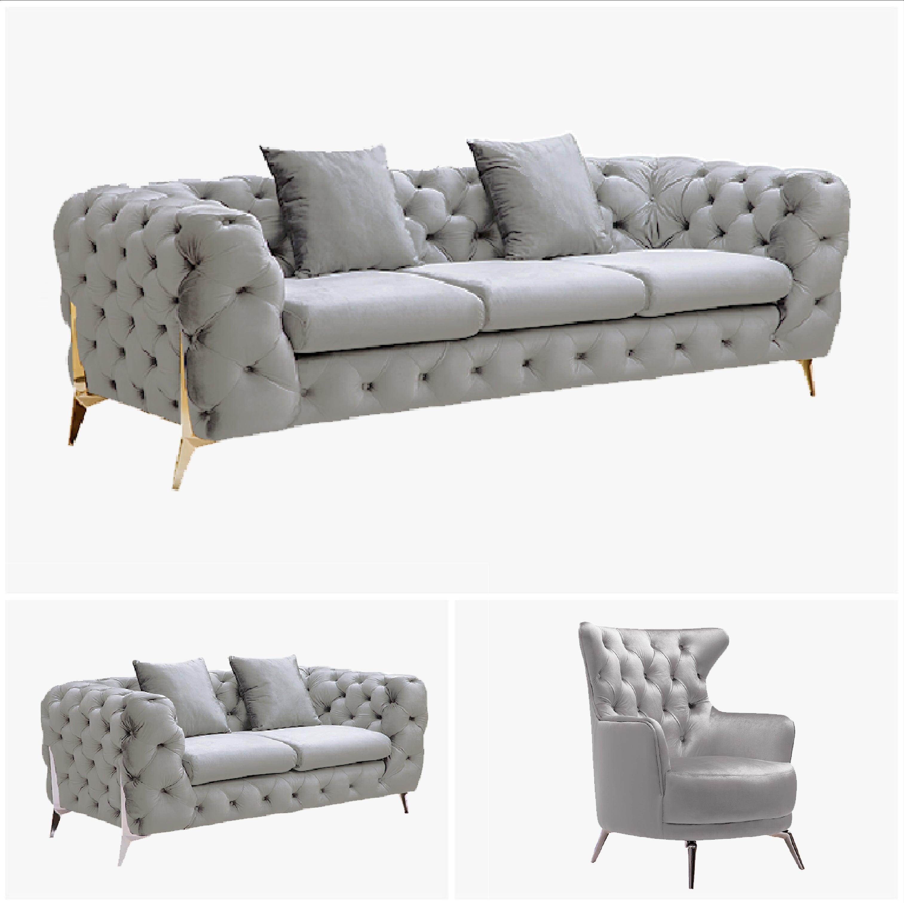 Grand Tufted Lounge - Light Grey Velvet - Silver Legs-Furniture > Sofas-PEROZ Accessories