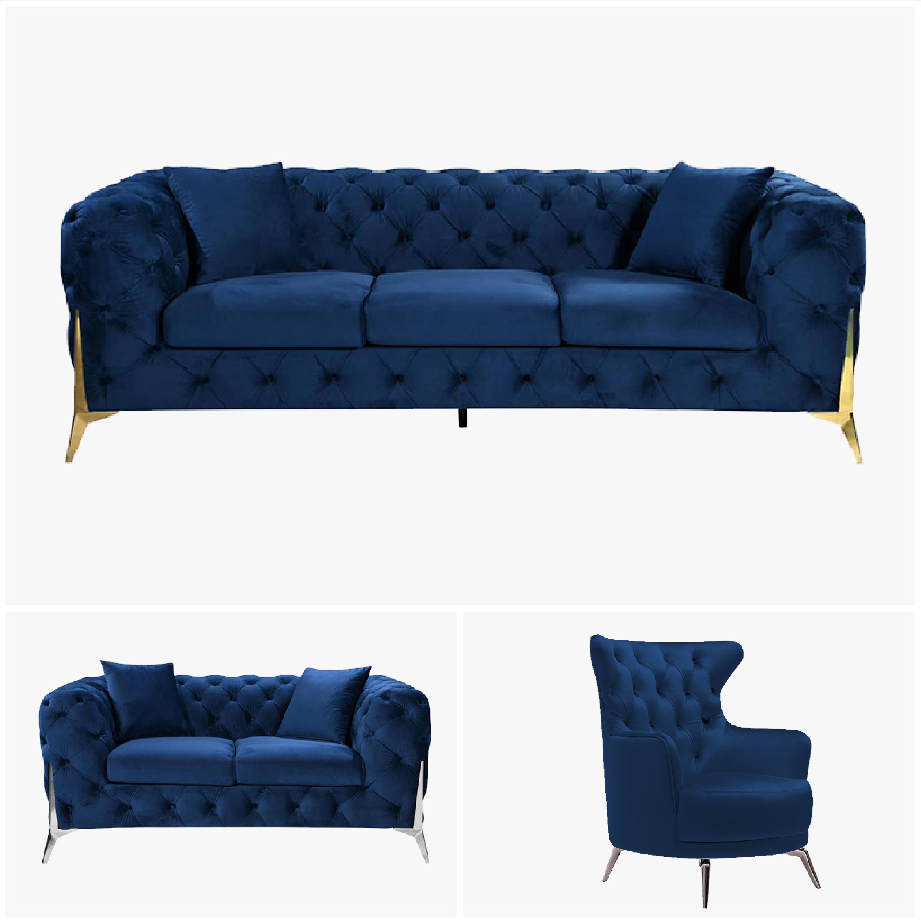 Grand Tufted Lounge - Blue Velvet - Silver Legs-Furniture > Sofas-PEROZ Accessories