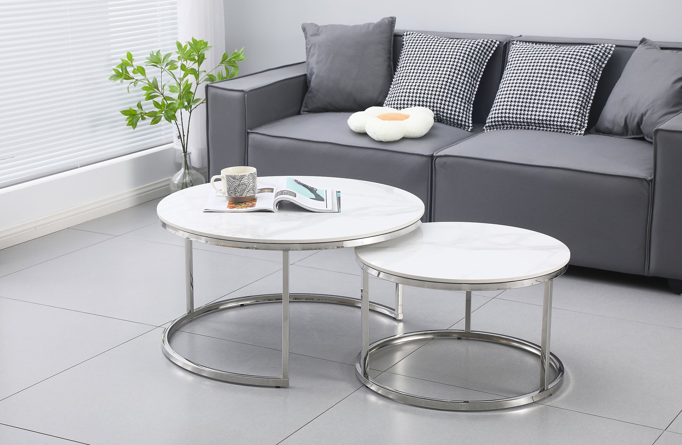 Nesting Style Coffee Table - White on Silver Stainless Steel - 80cm/60cm-Furniture > Living Room-PEROZ Accessories