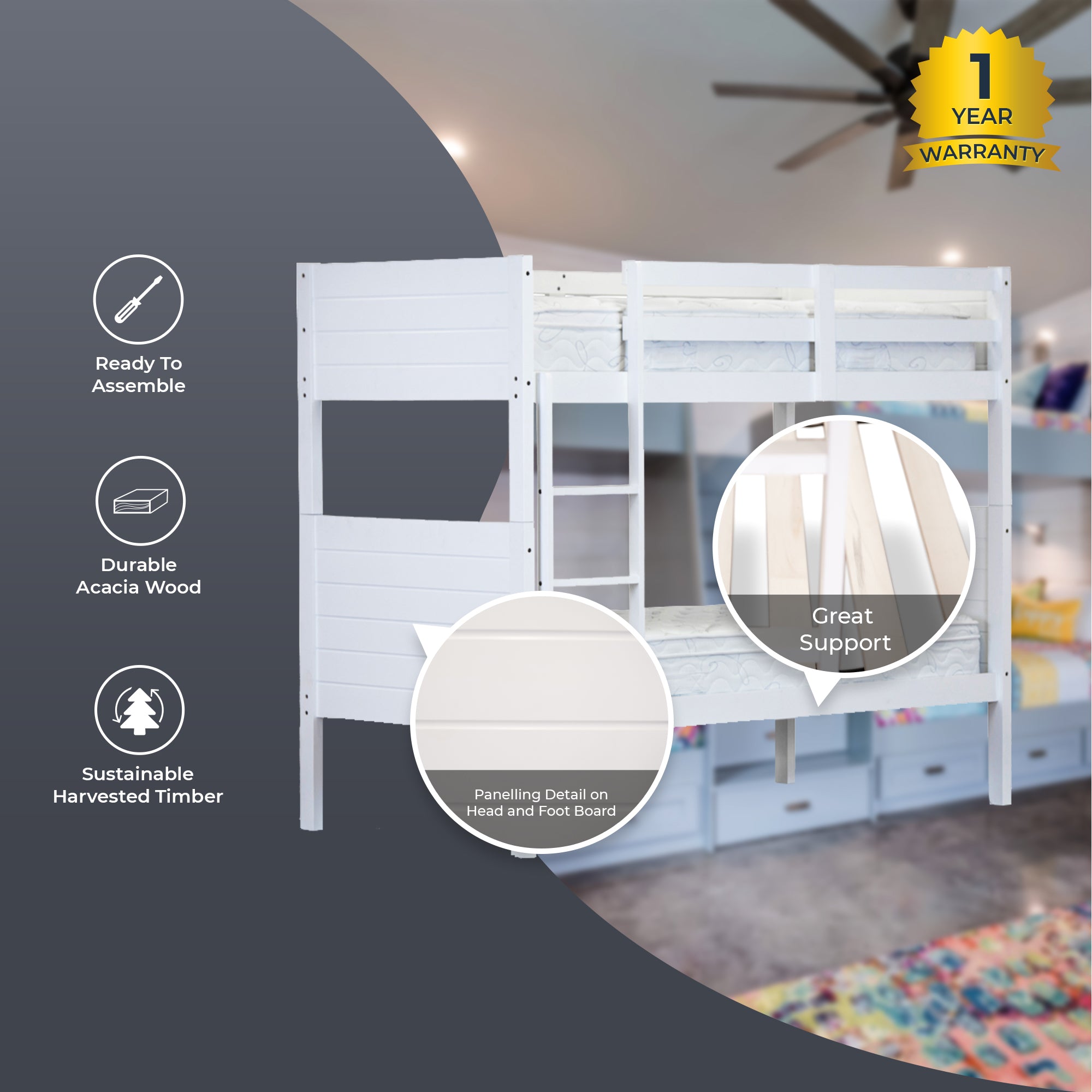 Zinnia Single Bunk Bed Frame Solid Rubber Timber Wood Loft Furniture - White-Furniture > Bedroom > Beds & Bed Frames-PEROZ Accessories